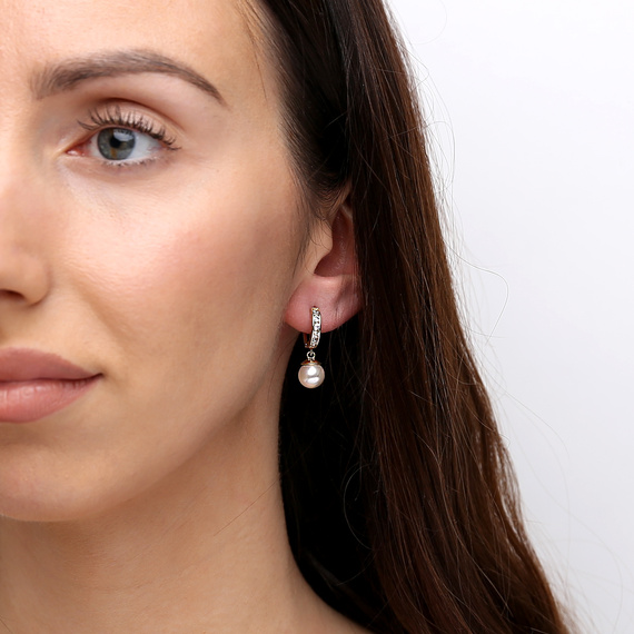 Gold Ohrringe mit Zirkonia 585 Anhänger Perlen Englisch Verschluss