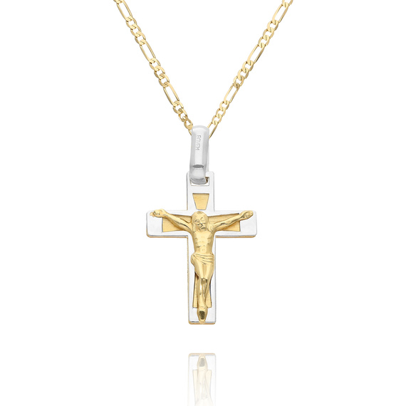 Goldanhänger 585 Kreuz mit Jesus Passion Weiß- und Gelbgold