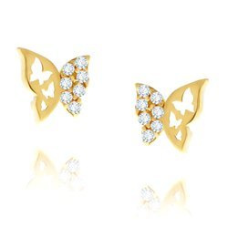 Gold durchbrochene Schmetterlingsohrringe mit Zirkonen 585 auf einem Stift 
