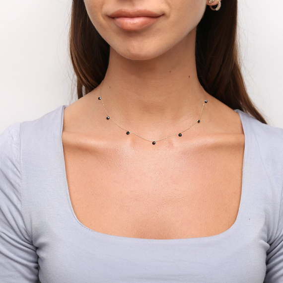 Gold 585 Choker-Halskette Schwarzer Zirkonia-Anhänger 7 Zirkonias