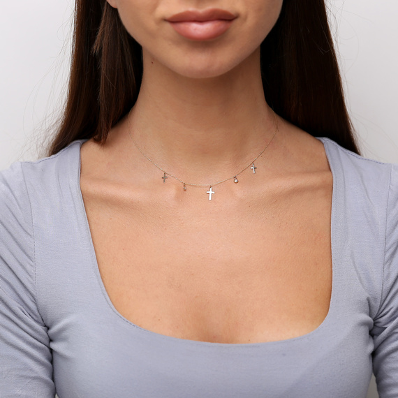 Gold 585 Halskette mit Kreuzen und weißem Zirkonia als Fußkettchen