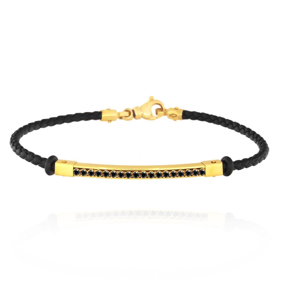 Herrenarmband Gold 585 Messing schwarzer Zirkonia mit Gravur auf schwarzer Kordel 21 cm