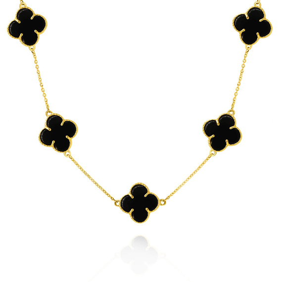 Gold Halskette große schwarze Kleeblätter 585 Naturstein Onyx