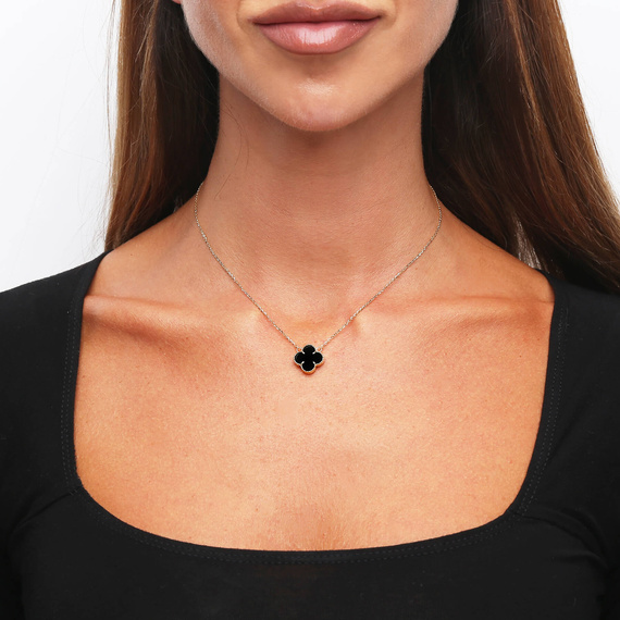 Goldklee-Halskette 585 Kleeblume schwarzer Onyx natur 36-40 cm