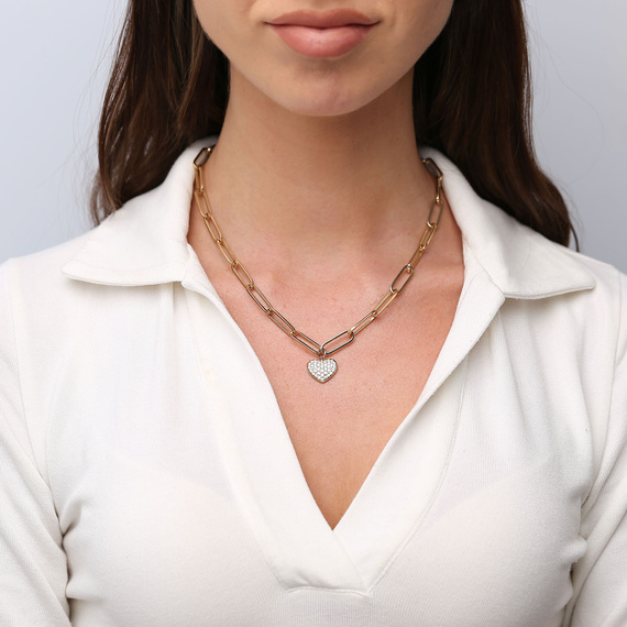 Damen Gold breite Halskette 585 Fußkettchen Sicherheitsnadeln große Glieder Herz mit Zirkonen