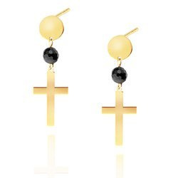 Gold Kreuz Ohrringe mit schwarzem Zirkonia Perle hängen Post 585 Nyks