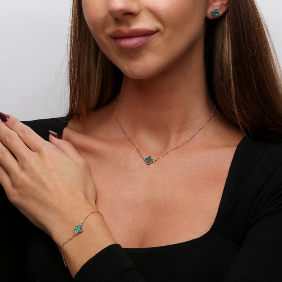 Goldklee-Halskette 585 Kleeblume grüner Malachit natur 42-45 cm