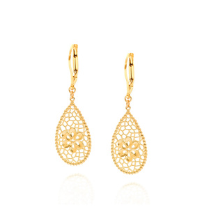 Gold durchbrochene Ohrringe 585 Diamant Anhänger Träne Blume Englisch Verschluss