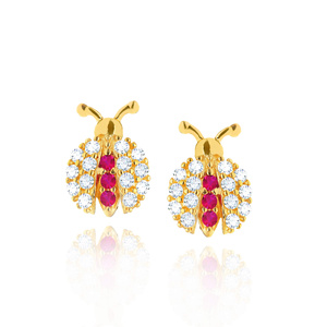 Gold 585 Marienkäfer Ohrringe weiß und rosa Zirkonia auf einem Stift