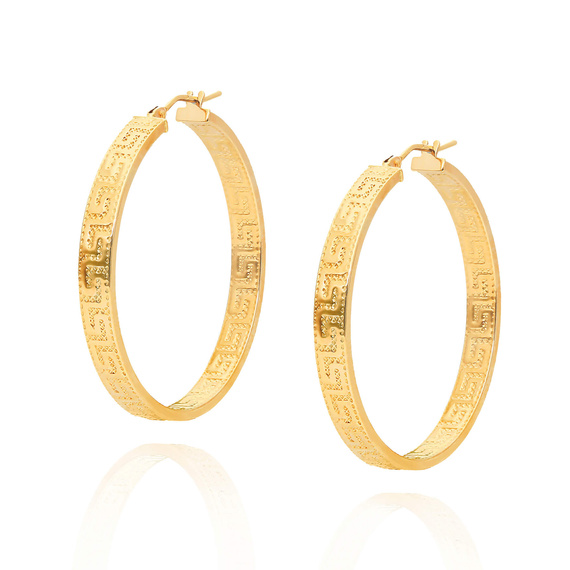 Thick Kreis Ohrringe Gold 585 eingeschnittene griechische Muster auf Snap-on 3,5 cm