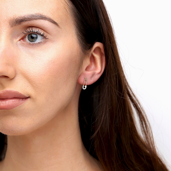 Gold 585 Sicherheitsnadel-Ohrringe mit Zirkoniasteinen zum Einschrauben