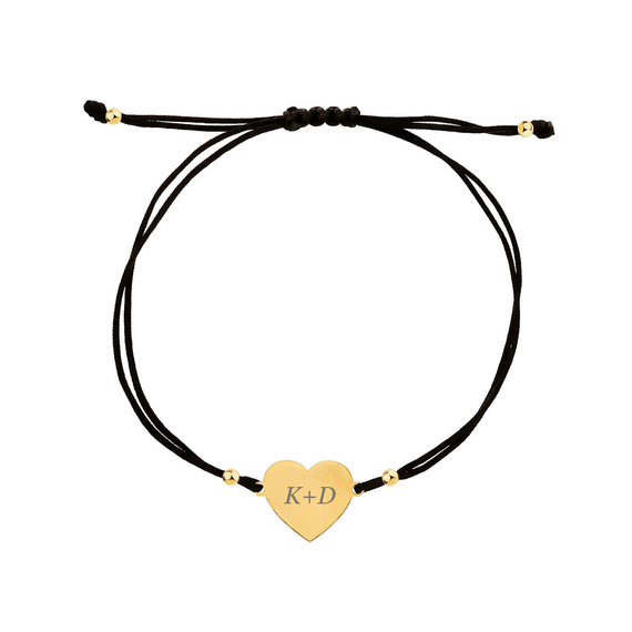 585 Goldarmband auf schwarzer Schnur Herz Perlen Gravur