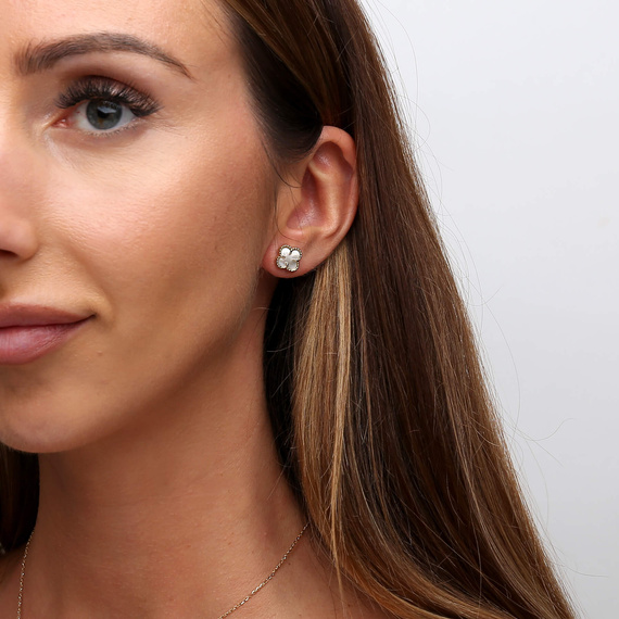 Gold Kleeblätter Ohrringe 585 Kleeblätter Blumen Perlmutt natürlich auf Stick