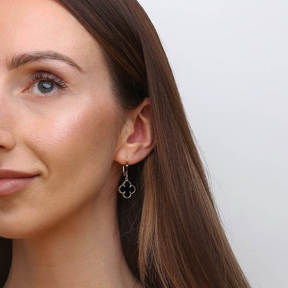 Gold große schwarze Kleeblätter Anhänger Ohrringe 585 natürlichen Onyx Englisch