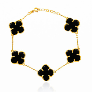 Goldarmband mit großen schwarzen Kleeblättern 585er Gold natürlicher Onyx-Stein