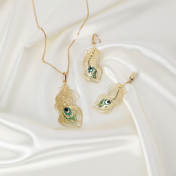 Gold 585 Diamant-Anhänger Ohrringe Pfauenfedern am Ohrring