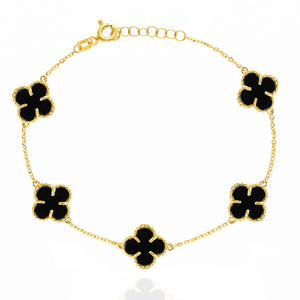 Goldarmband mit großen schwarzen Kleeblättern 585er Gold natürlicher Onyx-Stein