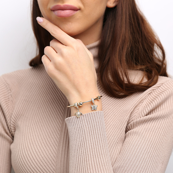 Gold 585 Charms Anhänger für Armband rund glatt Zirkonia rund