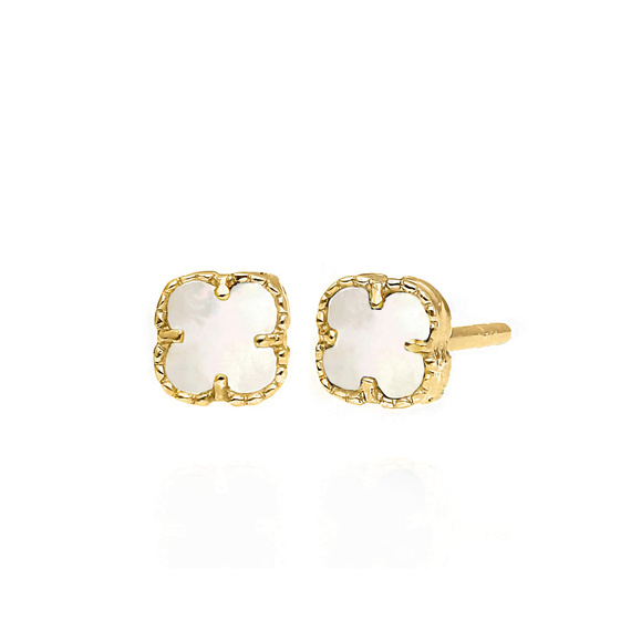 Goldene Ohrringe mit Blumenmotiven 585er Gold Kleeblätter Perlmutt klein Stecker 5 mm