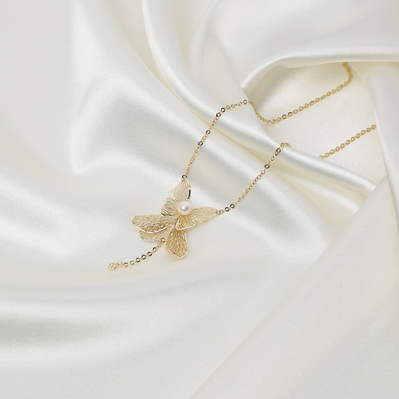 Damen Gold Krawatte Halskette 585 Schmetterling Diamant Fußkettchen Perlenkette