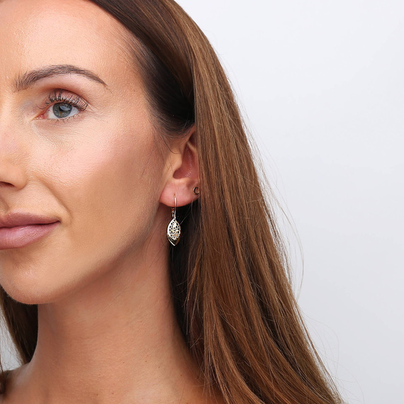 Gold durchbrochene Ohrringe 585 Diamant Anhänger Träne Blume Englisch Verschluss