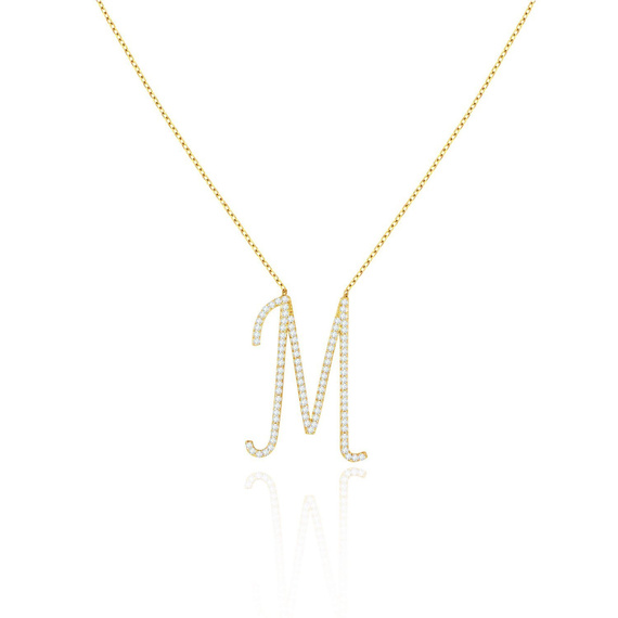 Feierliche Goldkette 585 Buchstabe M groß mit Zirkonen