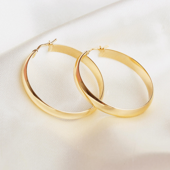 Goldene Ohrringe mit breitem Kreis 585, schlicht mit Druckknopf 3,5 cm